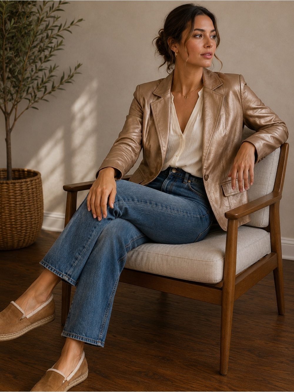 Vintage Worthington Metallic Tan Leather Blazer